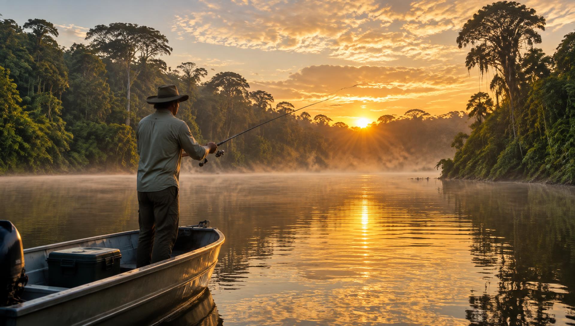 Pescador arremessando de um barco em um rio da floresta ao nascer do sol